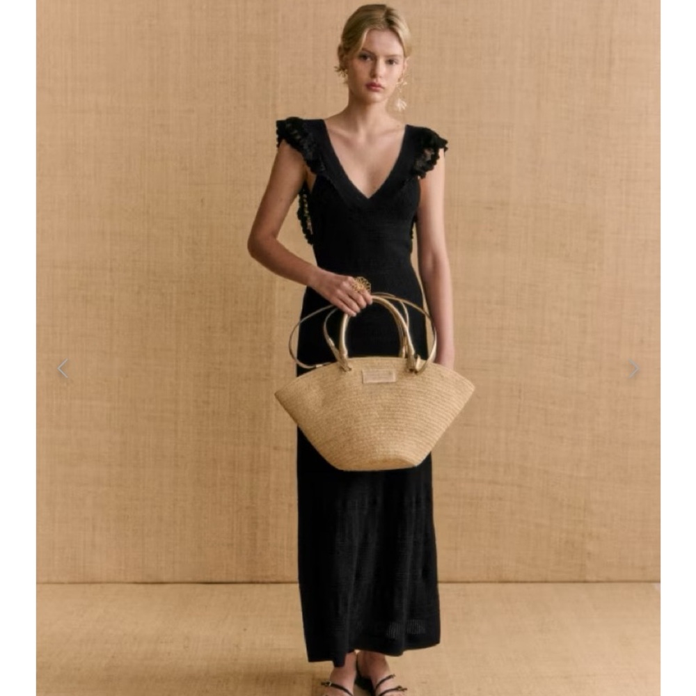 Sezane Black V‑Neck Lace Sleeve Maxi Dress